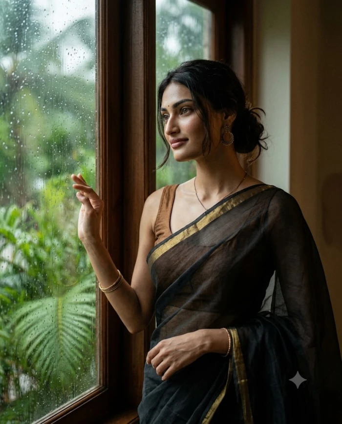 Black Saree Monsoon Look sample
