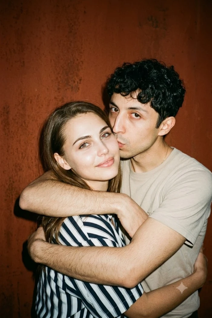 Casual Rust Wall Hug and Cheek Kiss Look sample