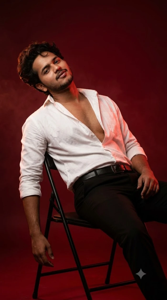 Cinematic Red Studio Chair Portrait sample
