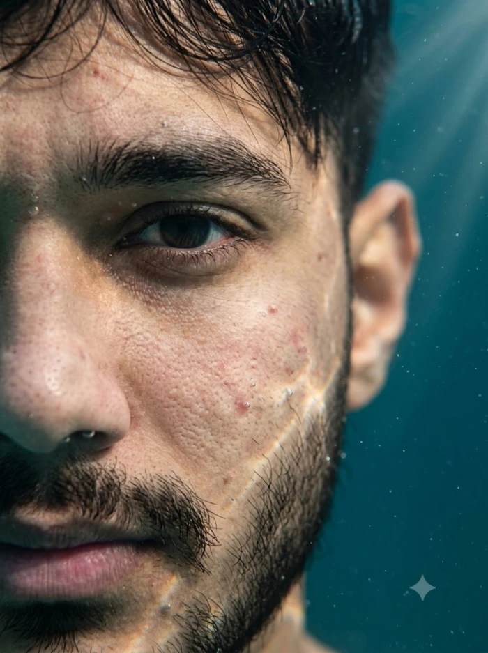 Cinematic Underwater Close-Up with Water Droplets sample
