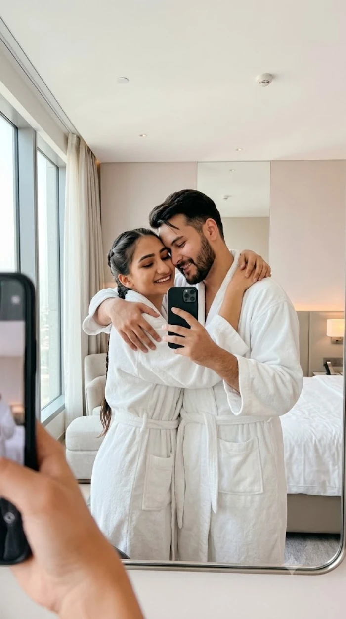 Cozy Hotel Morning Hug Portrait sample