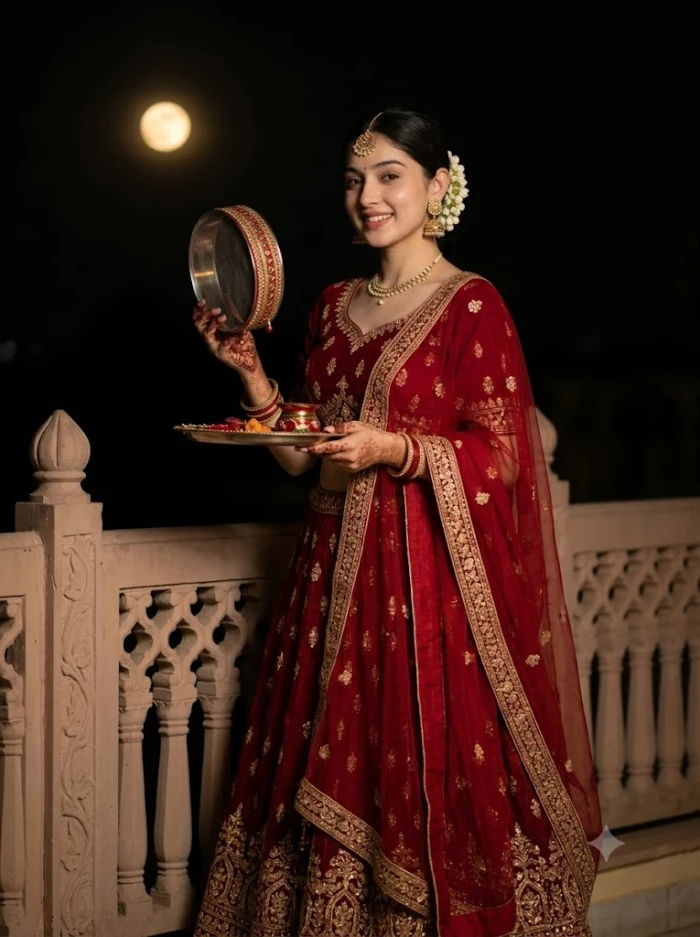 Deep Red Lehenga Karwa Chauth Terrace Portrait sample