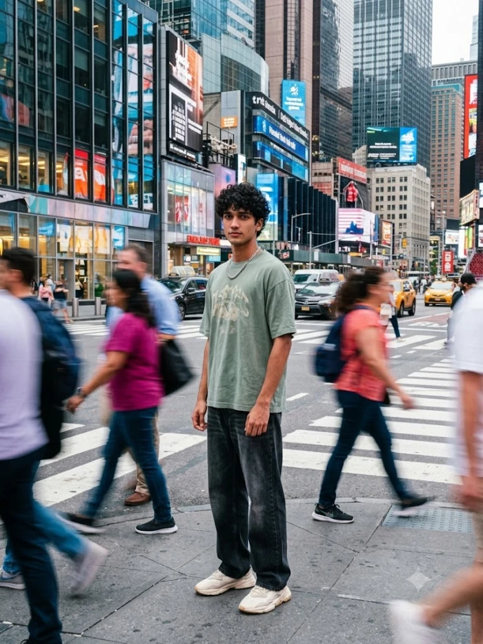 Downtown Street Portrait with Motion Blur sample