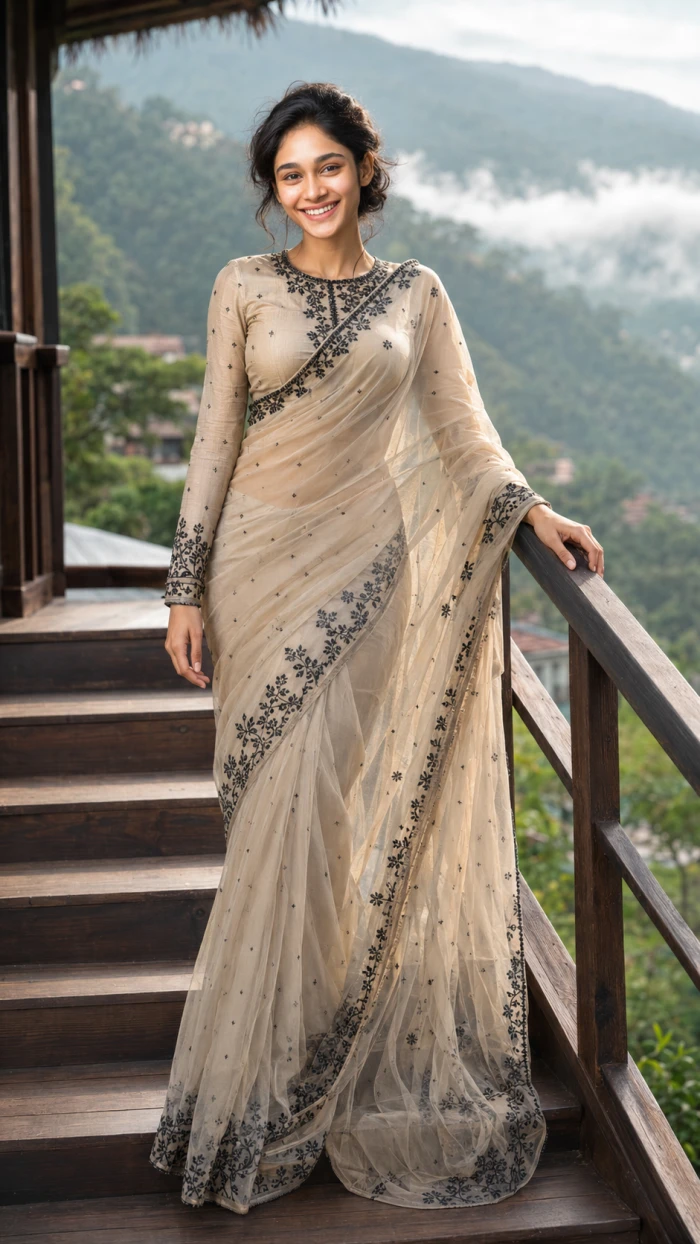 Elegant Indian Saree Portrait with Mountain Views sample