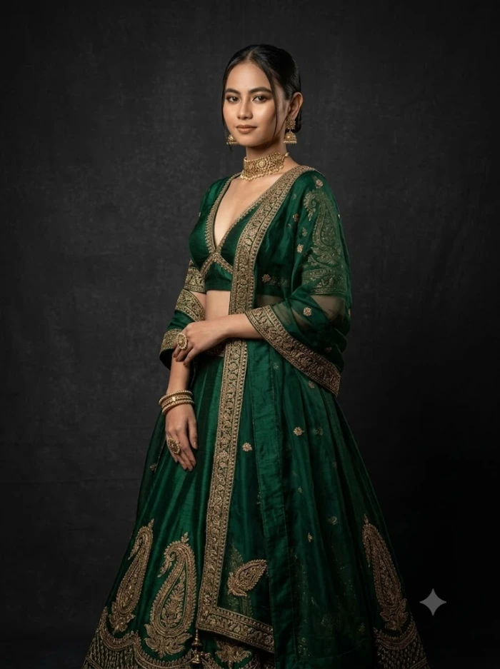 Emerald Antique-Gold Lehenga Studio Editorial sample