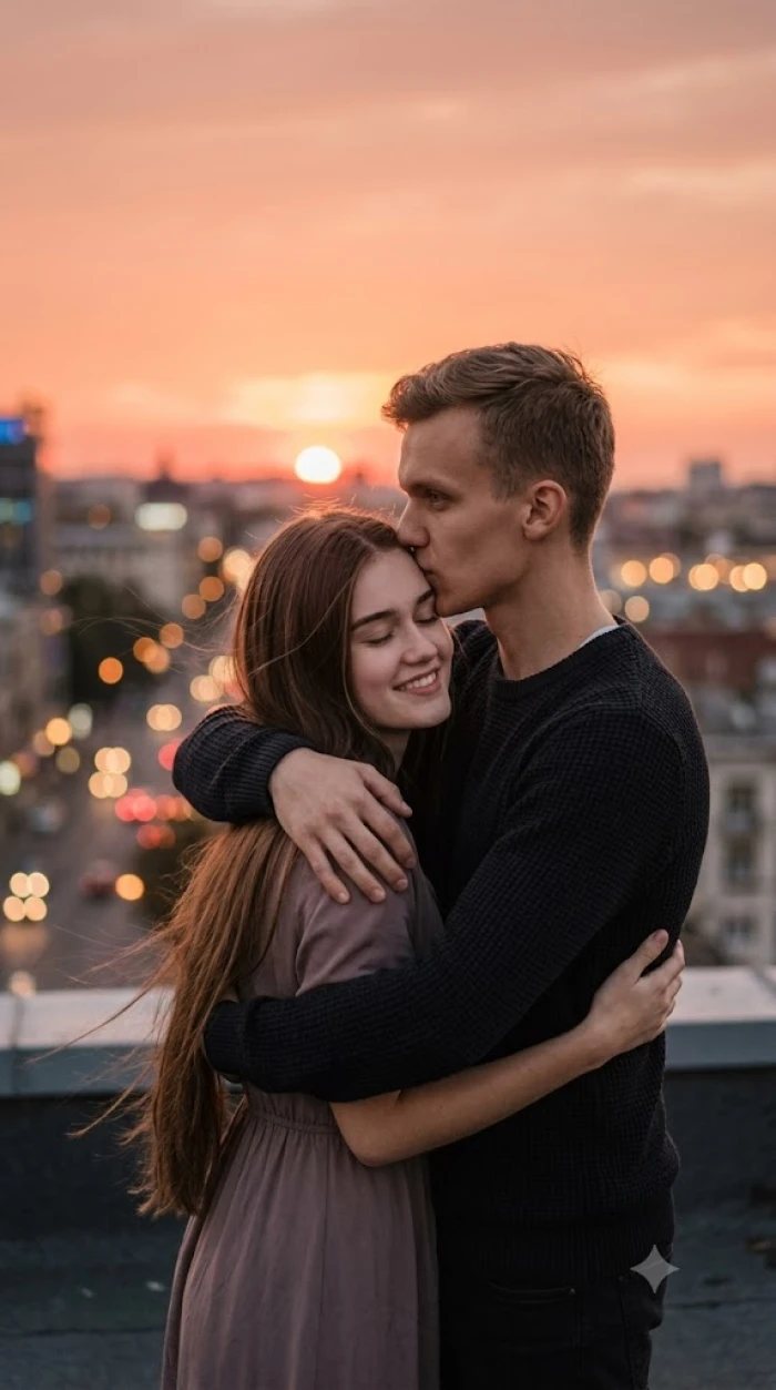 Forehead Kiss Hug Portrait sample