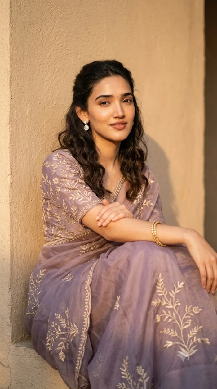 Golden Hour Portrait in a Dusty Lavender Saree Look sample