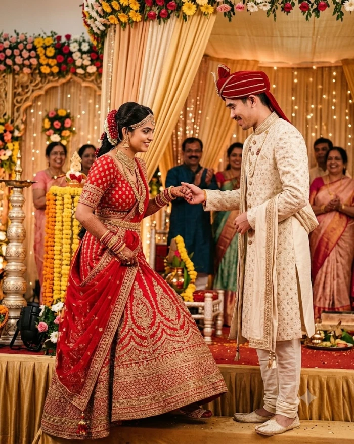Groom Welcoming Bride On Stage sample