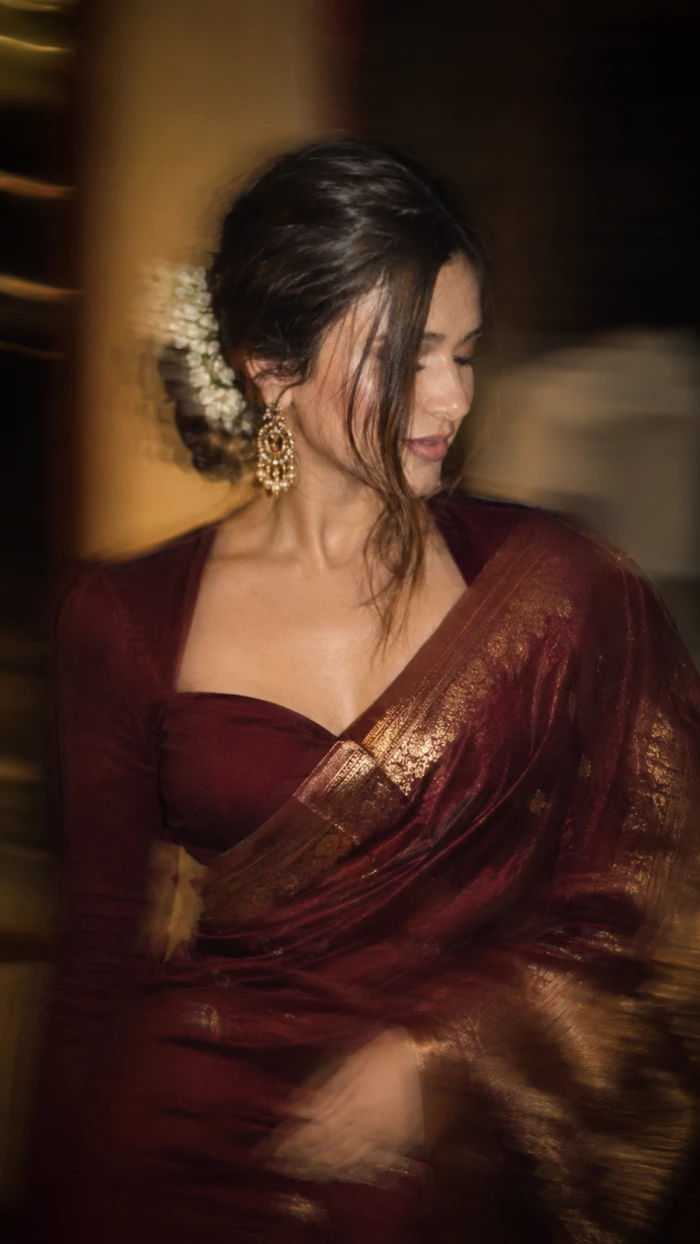 Jasmine Motion-Blur Deep Wine Saree Portrait sample