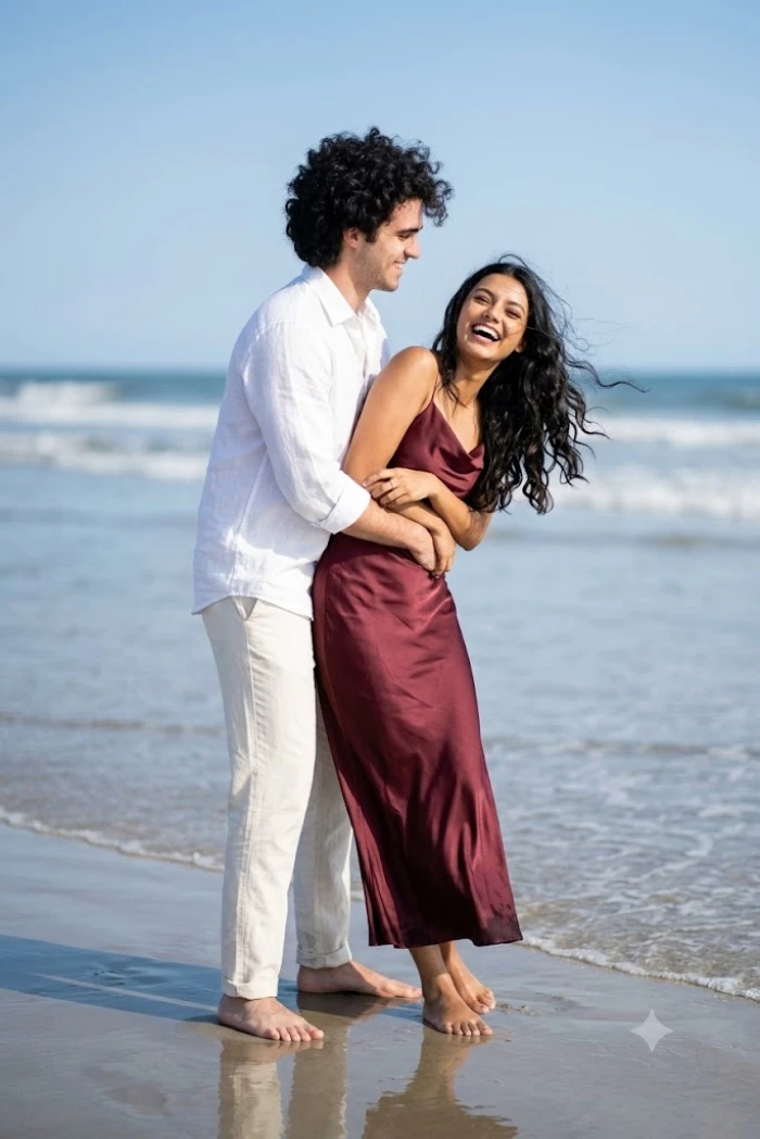Joyful Beach Couple Lift Portrait sample