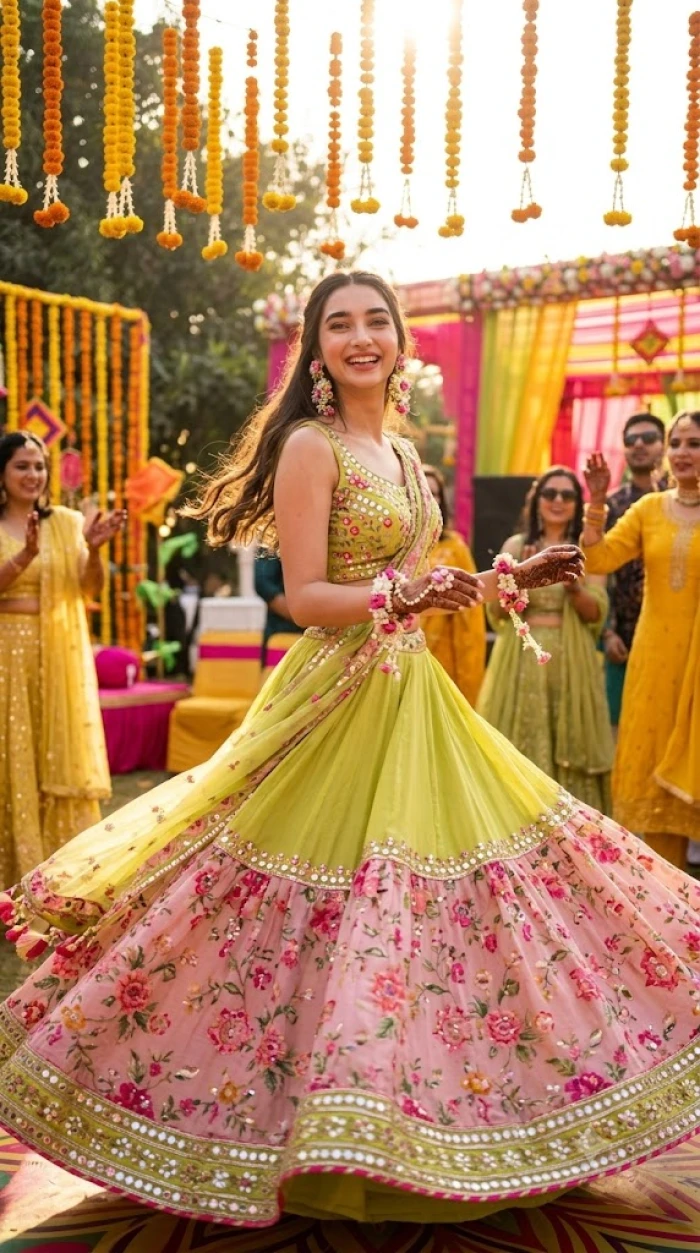 Lime Green Mehendi Lehenga Look sample
