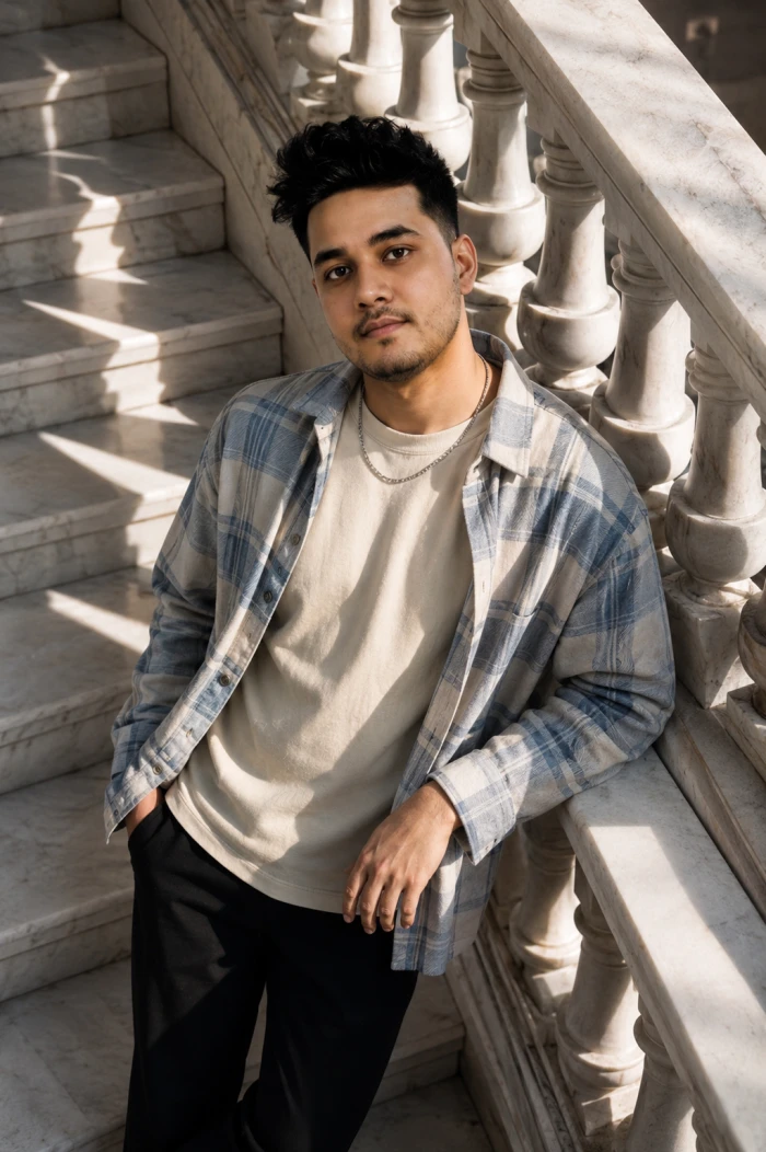 Marble Staircase High-Angle Fashion Portrait sample