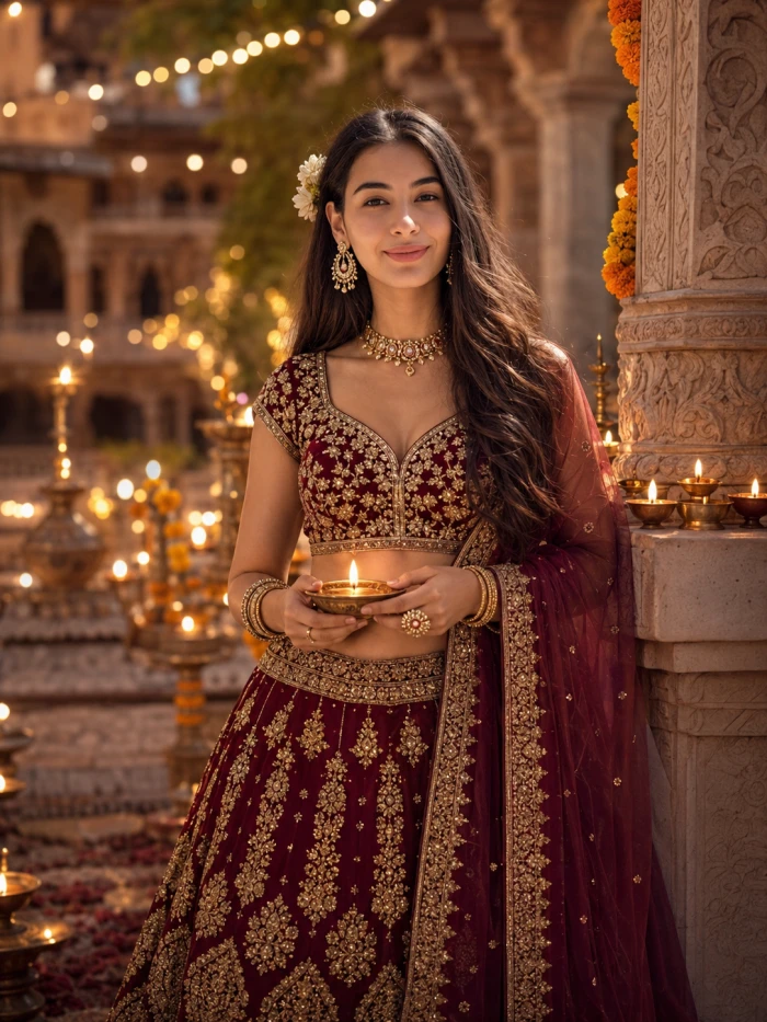 Maroon Gold Lehenga Diwali Courtyard Portrait sample