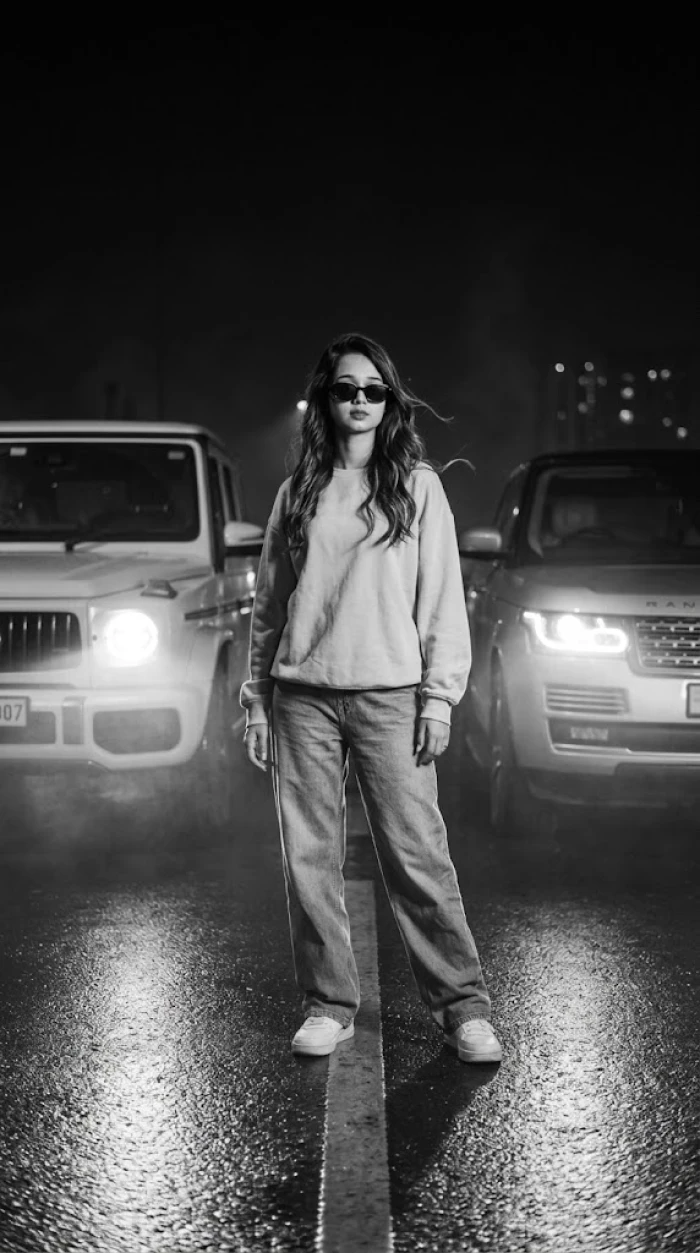Midnight Monochrome Portrait Between Luxury SUVs sample