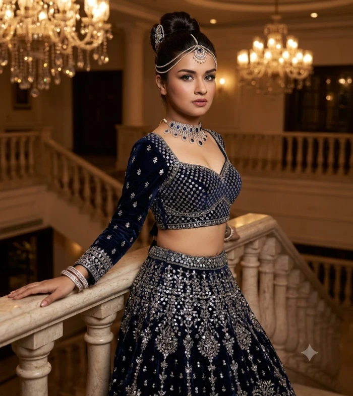 Midnight Navy Velvet Lehenga Palace Editorial sample