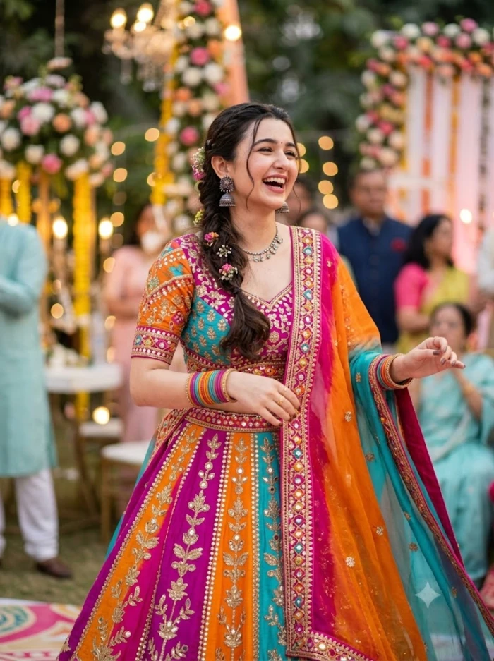 Multicolor Lehenga Baraat Dance Portrait sample
