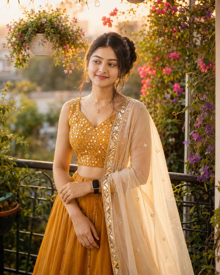 Mustard Gota Patti Golden Hour Lehenga Look sample