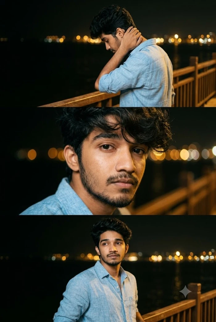 Night Waterfront Three-Frame Cinematic Portrait sample