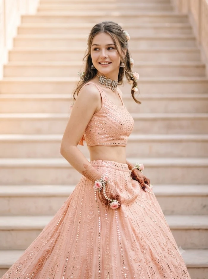Peach Mirror-Work Lehenga Staircase Editorial sample