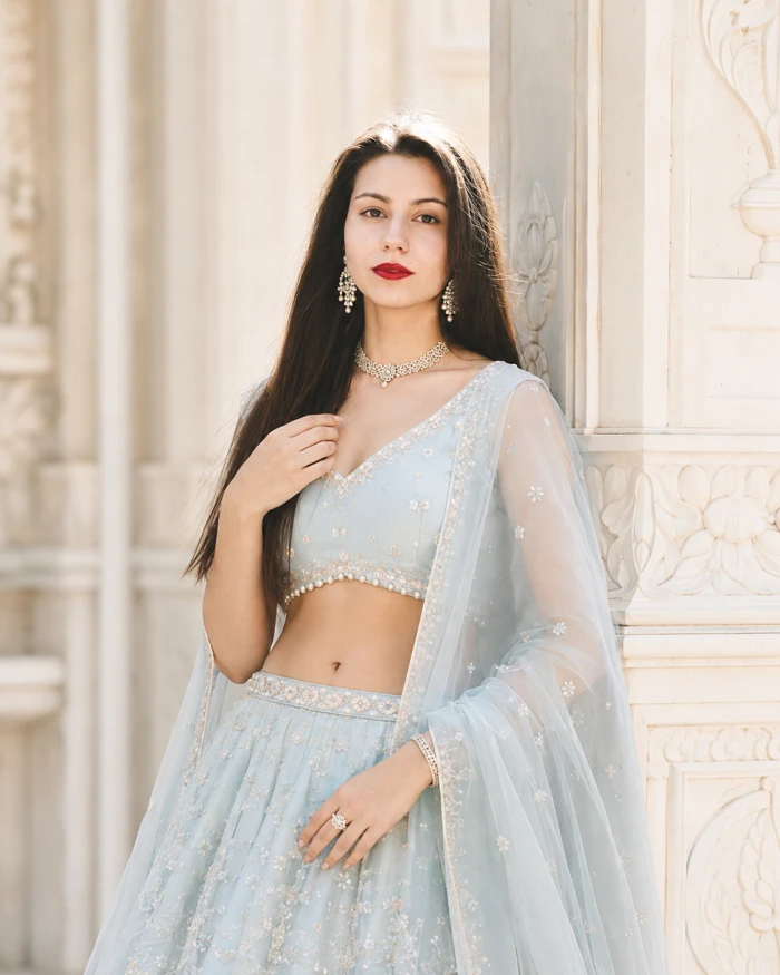 Powder Blue Pearl Lehenga Portrait sample