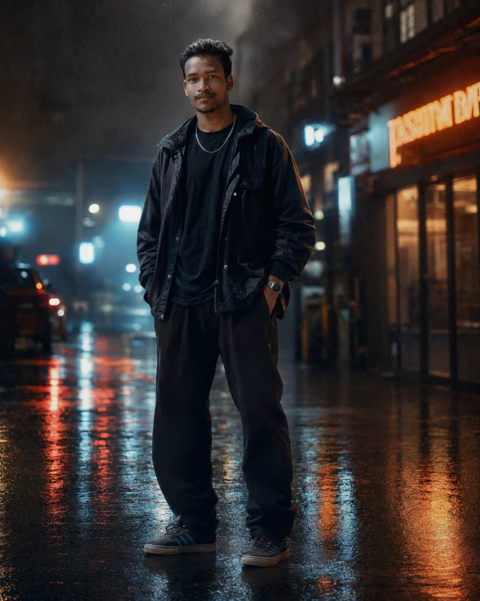 Rainy Neon Cinematic Boy Photo Prompt sample