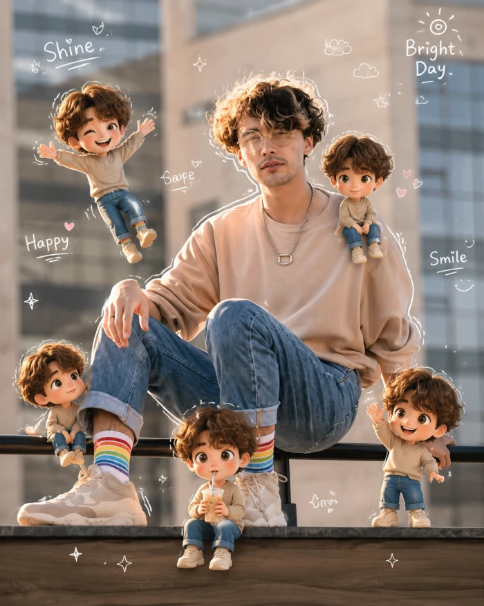 Realistic Photo With Chibi Mini Characters sample