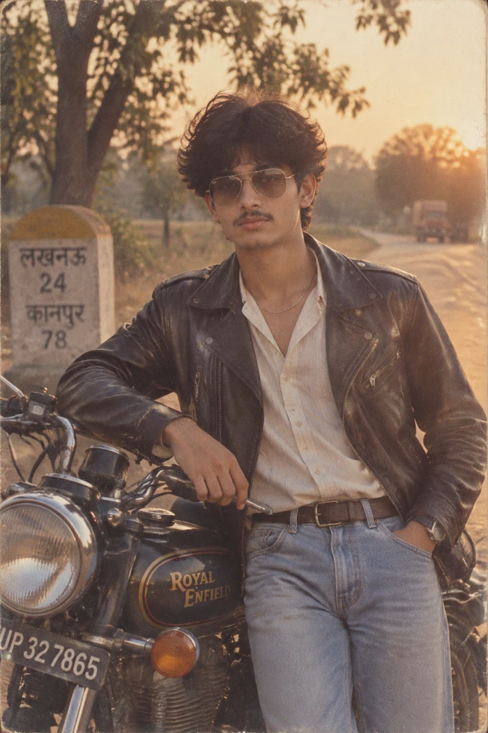 Retro Rider Portrait With Motorcycle Look sample