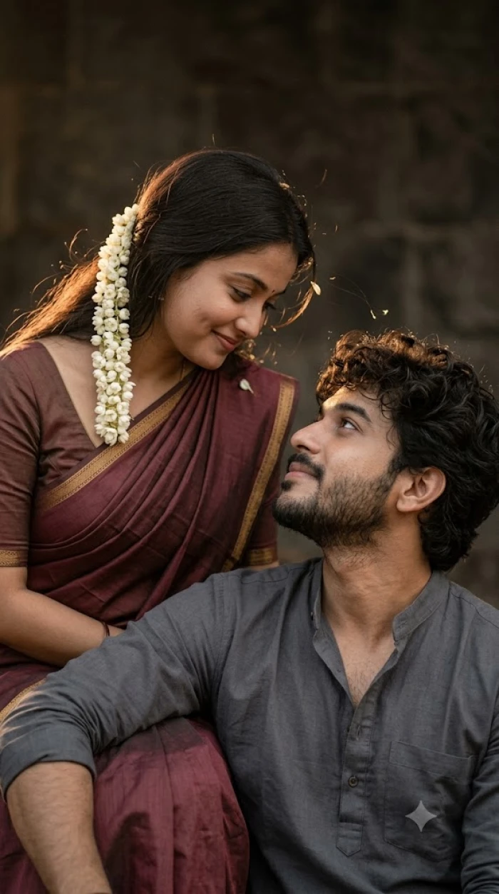 Romantic South Indian Couple Portrait with Jasmine Flowers sample