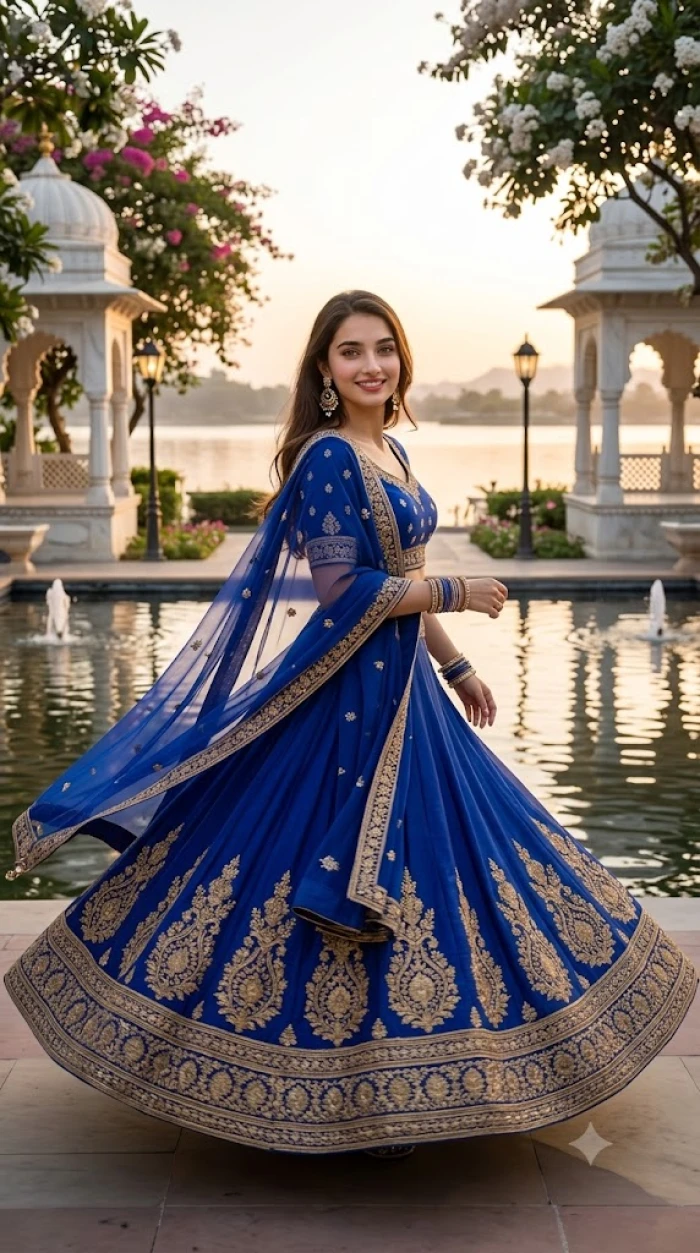 Royal Blue Lehenga Twirl by the Palace Lake sample