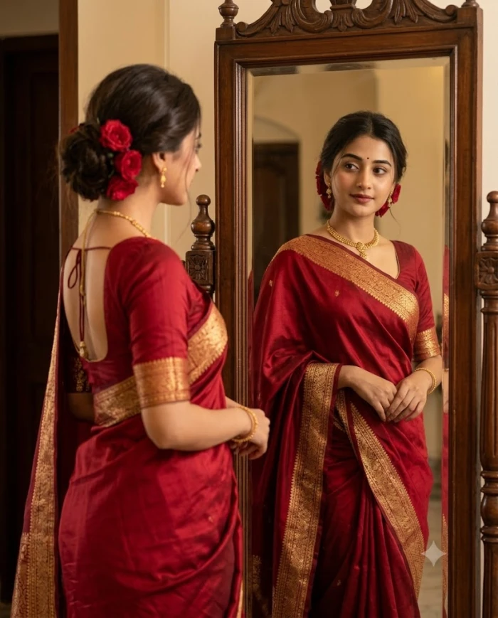 Royal Crimson Saree Mirror Look sample
