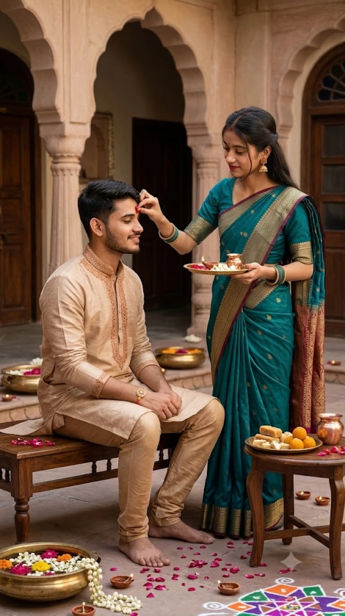 Sacred Rakhi Blessings in a Festive Courtyard sample