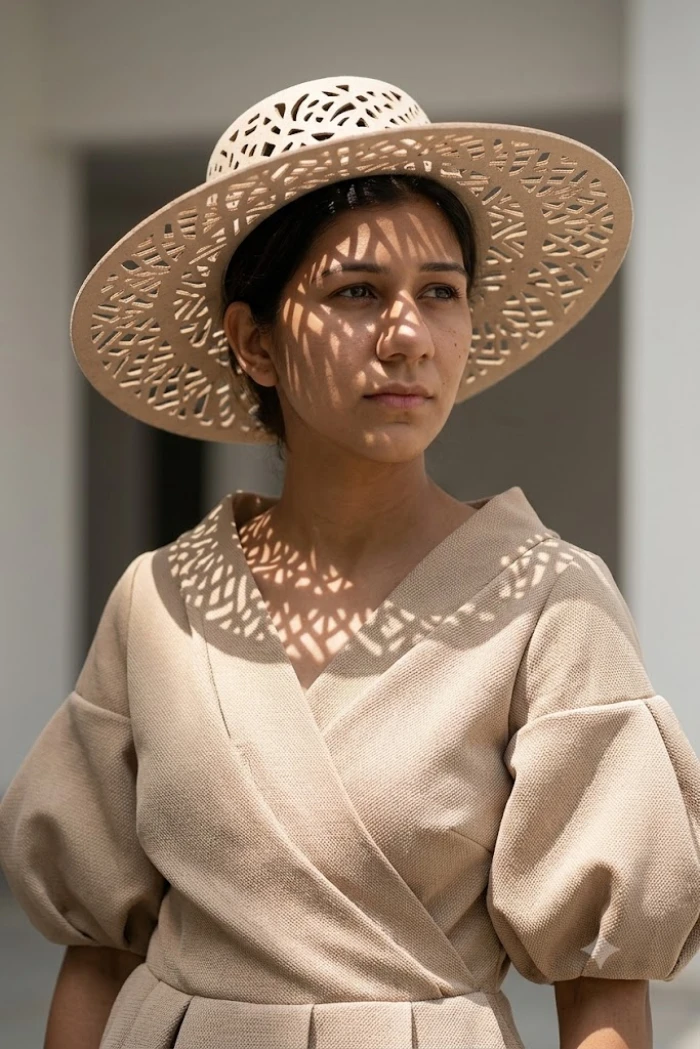 Sculptural Beige Fashion Look sample
