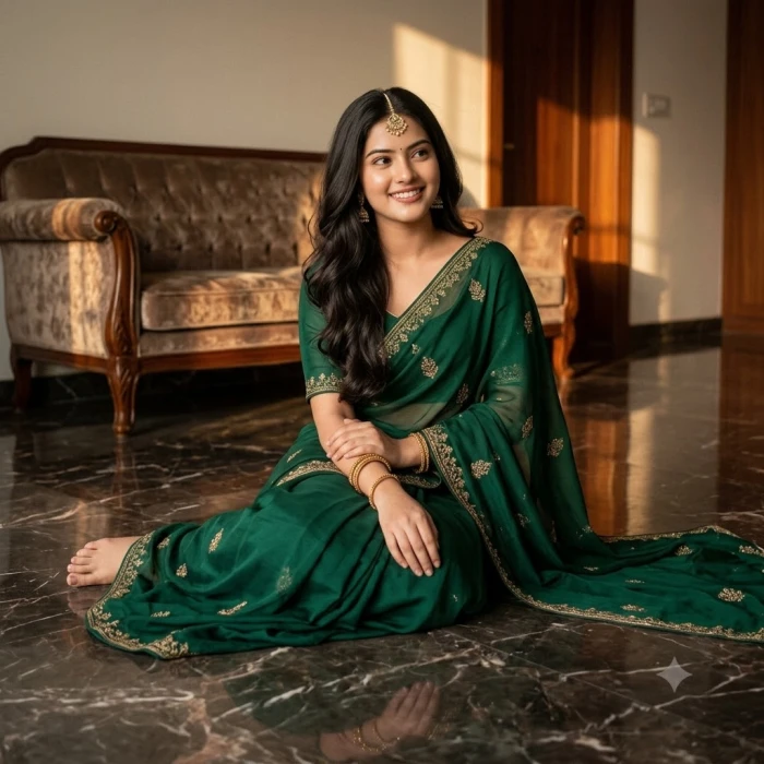 Traditional Emerald Saree Portrait Look sample