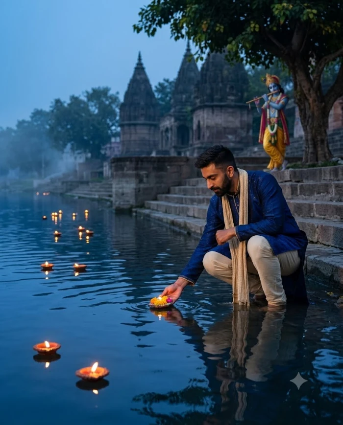 Yamuna Ghat Floating Diyas with Lord Krishna sample
